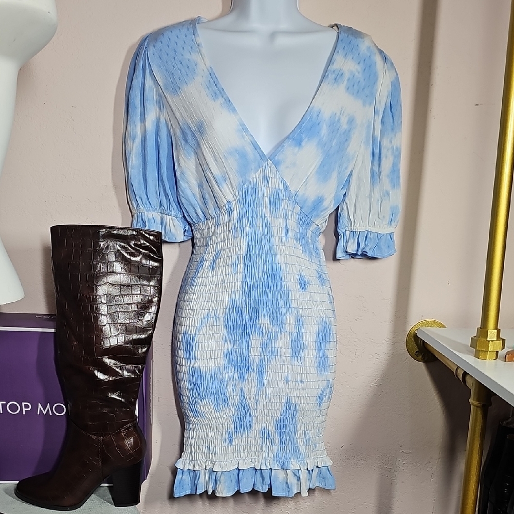 Emory Park Blue Ruched Puff Sleeve Mini Dress